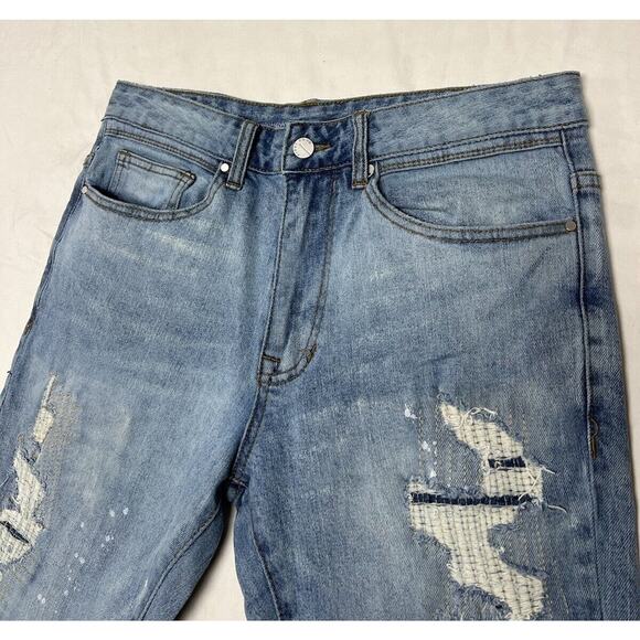 First Row Denim Knee Destroyed Slim Flare Jeans Men’s 32x33 Distressed Repaired - Picture 6 of 14